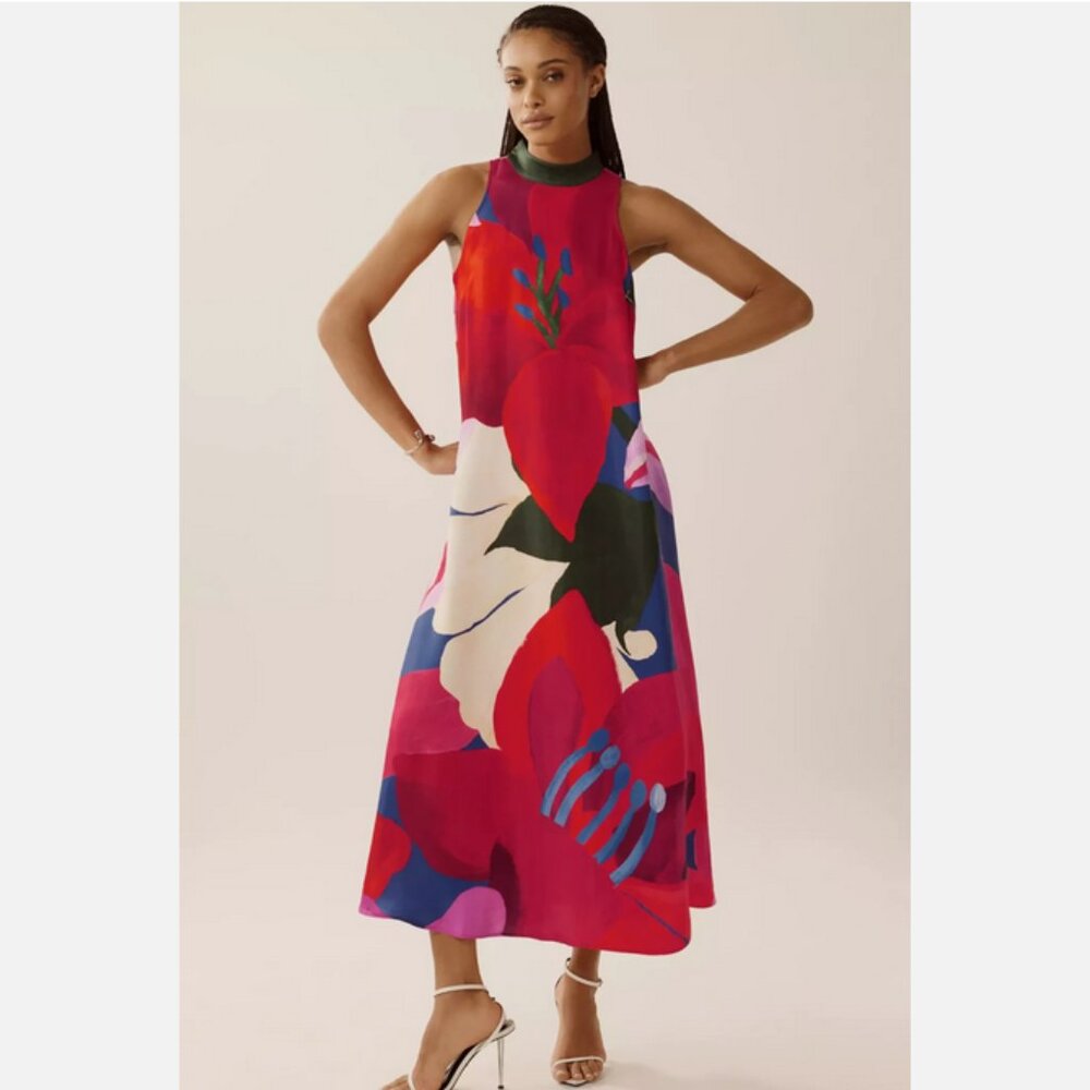 Farm Rio Anthropologie Halter Maxi Dress Floral Watercolor Size L NWT Large - Picture 2 of 5